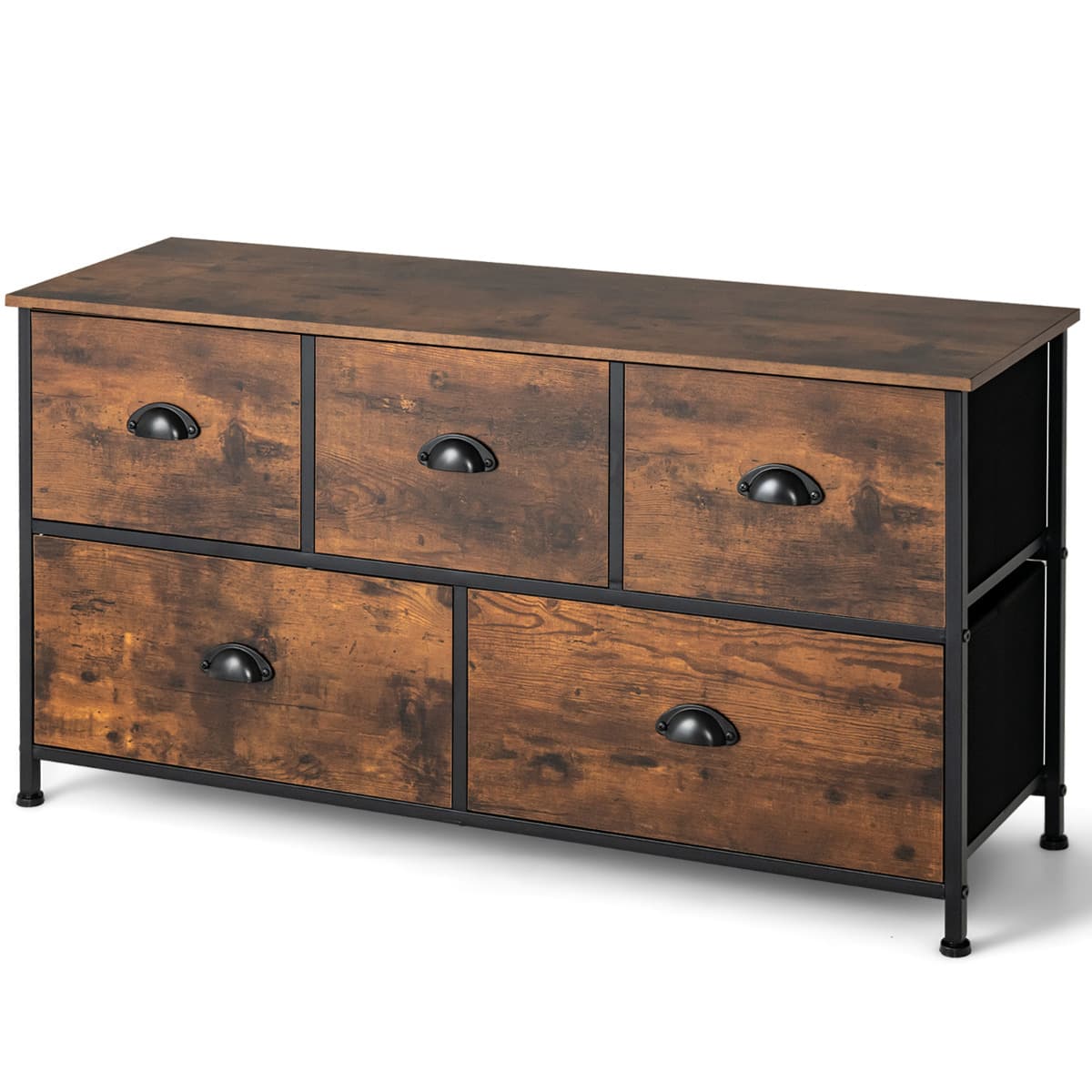 CostwayCommode Meuble de Rangement avec 5 Tiroirs Non-Tissés 100 x 30 x 54 cm Cadre en Métal Surface en MDF Marron Rustique&Noir