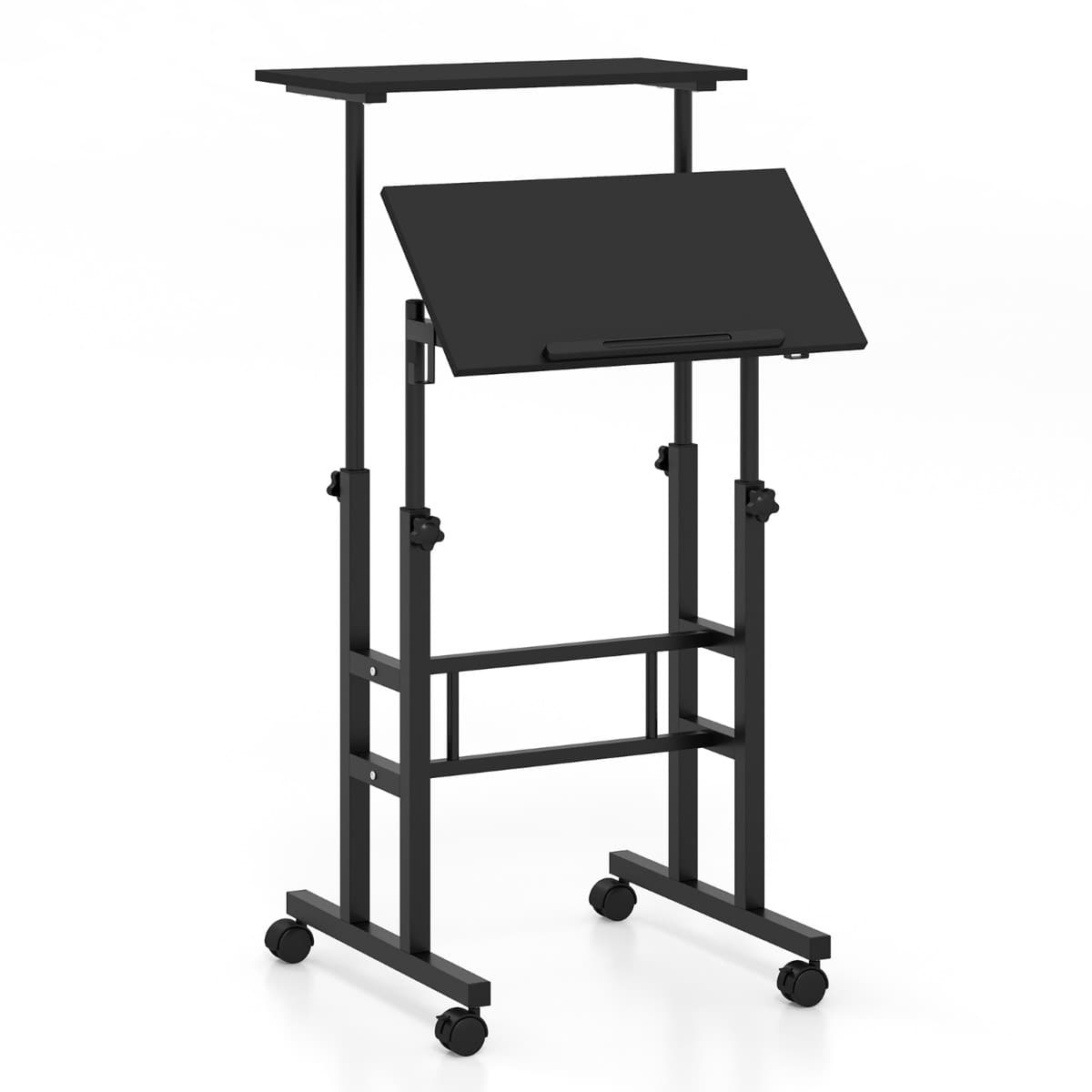 CostwayBureau Assis-Debout à Roulettes Table Informatique pour Ordinateur Hauteur Réglable Poste de Travail Inclinable Noir