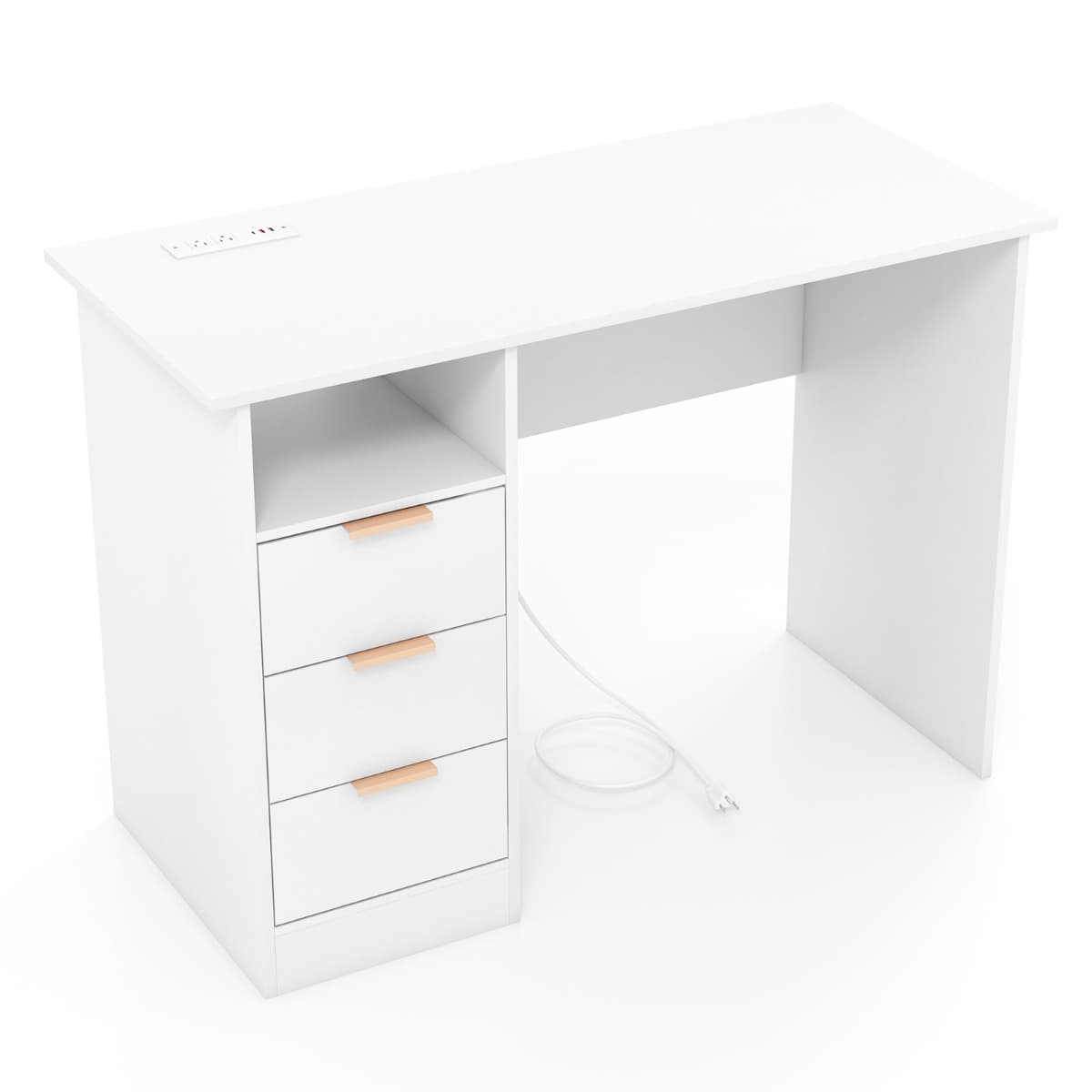CostwayBureau de 105 cm avec Station de Charge Intégrée 3 Tiroirs Etagère Ouverte Poste de Travail Moderne avec Rangement Blanc