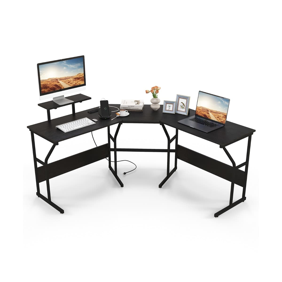 CostwayBureau en Forme de ‘L’ avec Prises de Courant Bureau d'Angle avec Support d'Ecran Amovible Poste de Travail de 225 cm de Long Noir