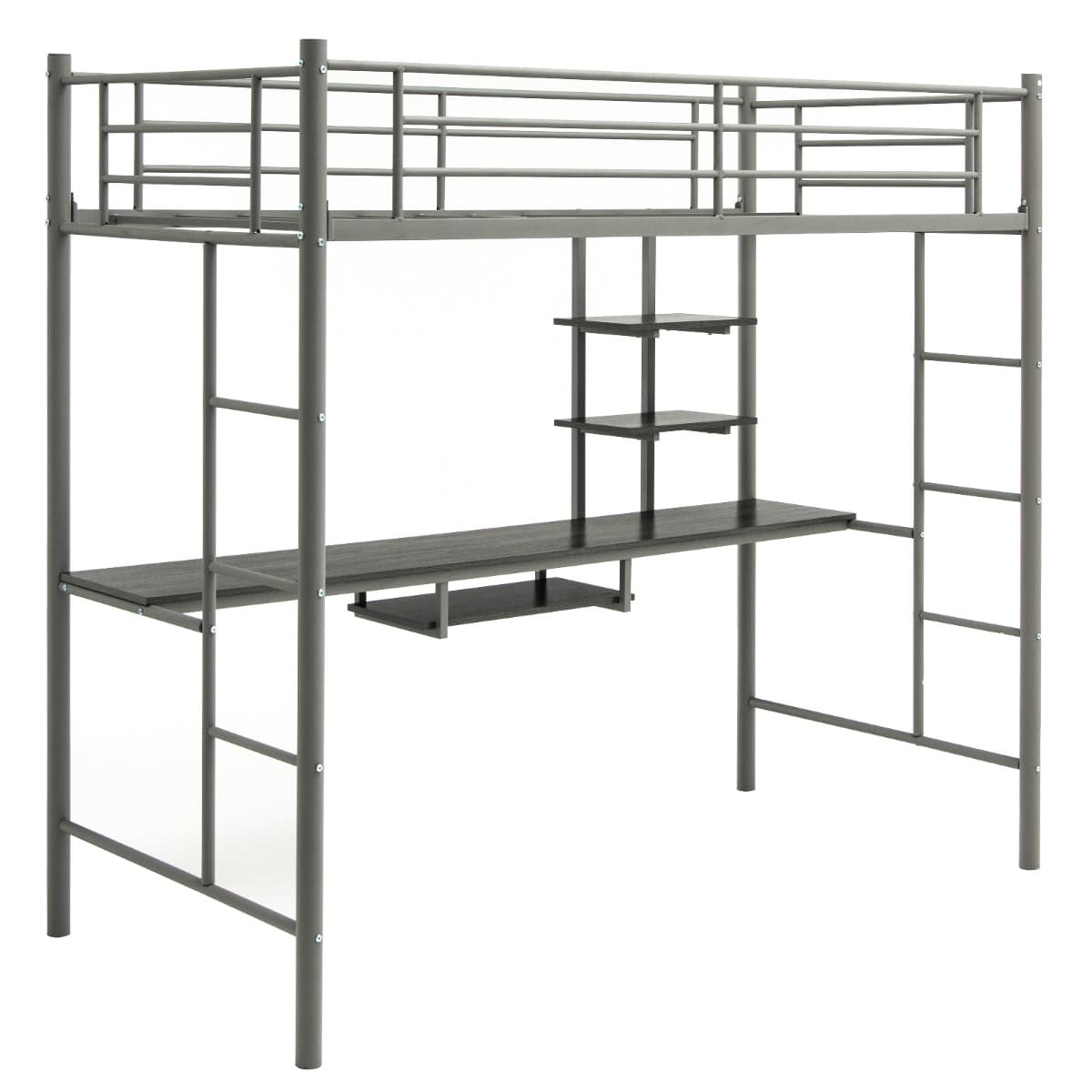 CostwayLit Mezzanine en Métal avec Bureau 2 Etagères et 2 Echelles Lattes en Acier et Garde-Corps 200 cm x 95cm x 180,5cm Argenté