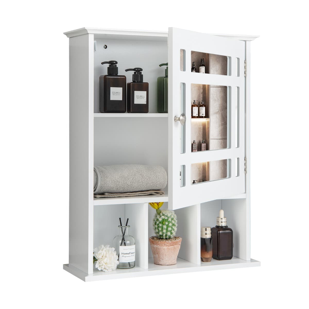 CostwayArmoire de Salle de Bain Murale 2 Etagères Réglables et 3 Compartiments avec Miroir Impérméable Blanc