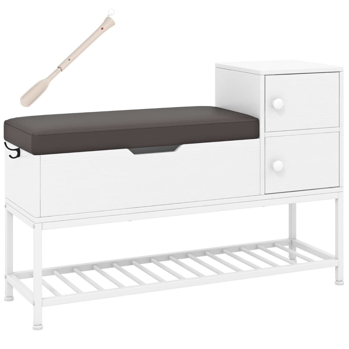 Banc d’Entrée Banc à Chaussures avec Coffre à Couvercle Rabattable et 2 Armoires à Portes Coussin en