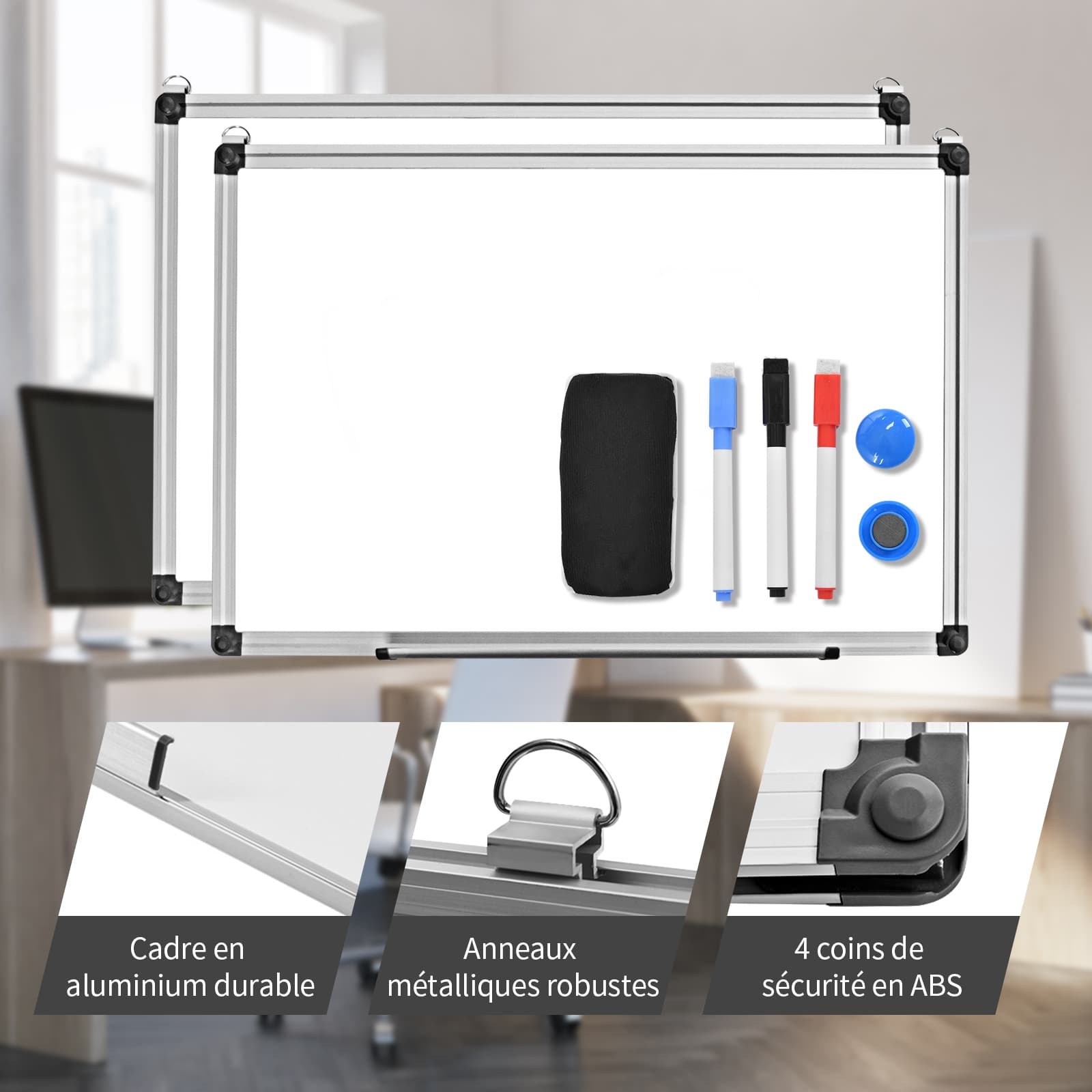 Tableau Blanc Effaçable Surface Magnétique avec Cadre en Aluminium 2 Aimants 3 Stylos et Effaçable à