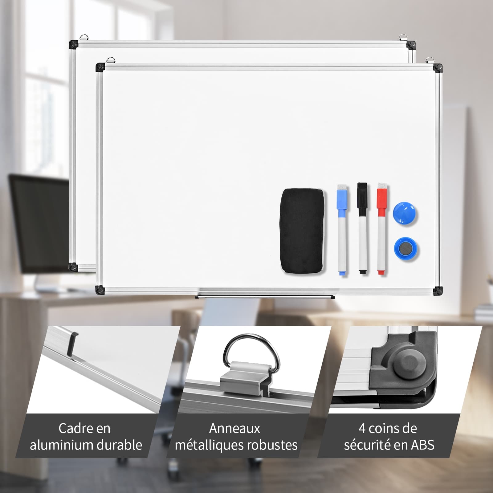 Tableau Blanc Effaçable Surface Magnétique avec Cadre en Aluminium 2 Aimants 3 Stylos et Effaçable à