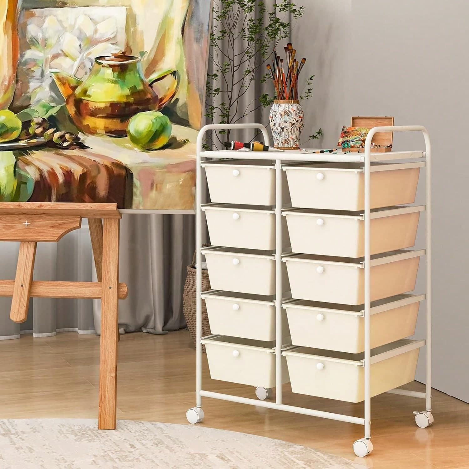 Chariot roulant empilable à 10 tiroirs, avec étagère et cadre métallique, étagère de salle de bain, chariot de rangement pour le bureau et la