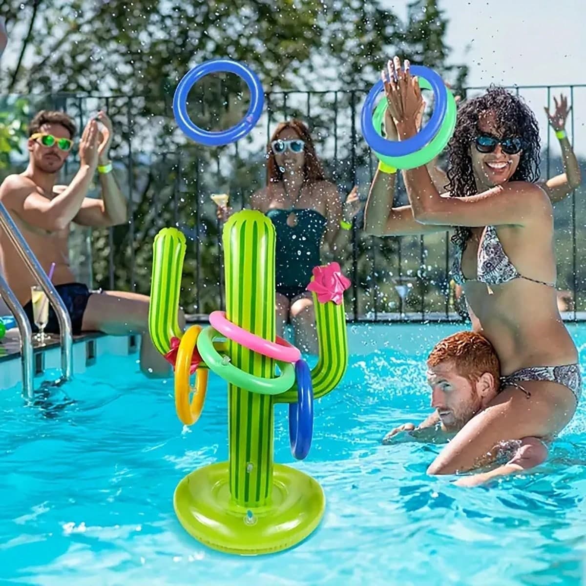 Ensemble de 5 jeux de lancer de cercle gonflable pour parc aquatique avec cactus, des installations de loisirs flottantes pour la piscine ou pour les