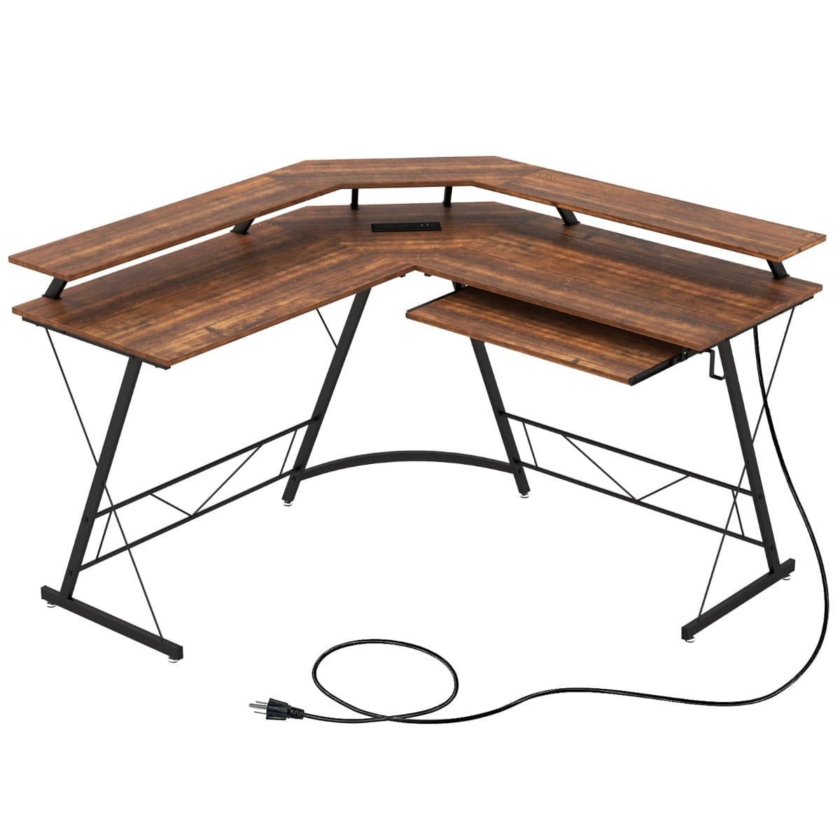 Bureau d’Angle Prise de Courant Station de Travail de 130 Cm Support d’Écran Plateau pour Clavier Cr