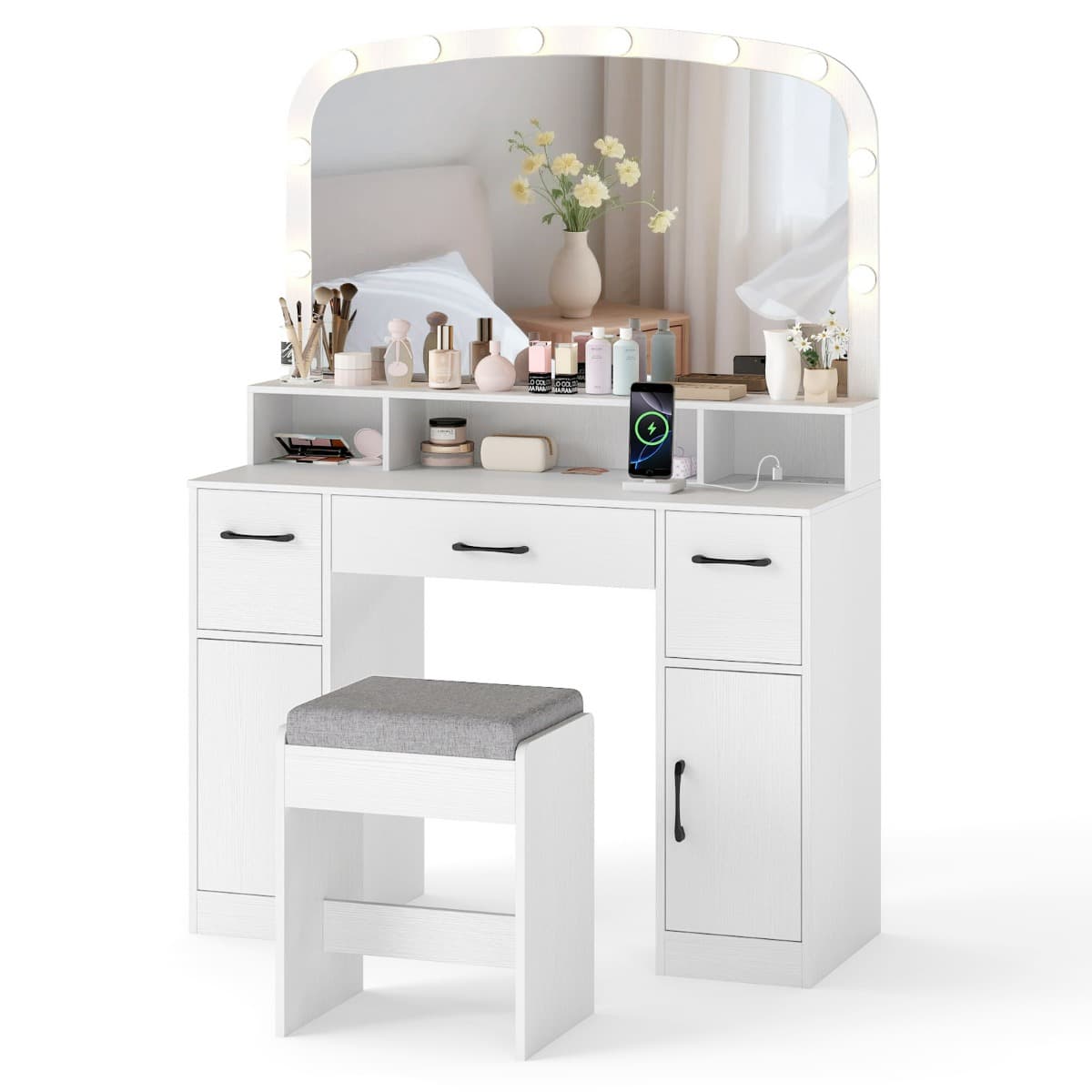 CostwayCoiffeuse avec Miroir et Éclairage Table de Maquillage de 108 cm avec Tabouret Station de Charge 3 Couleurs de Lumière 3 Tiroirs Blanc